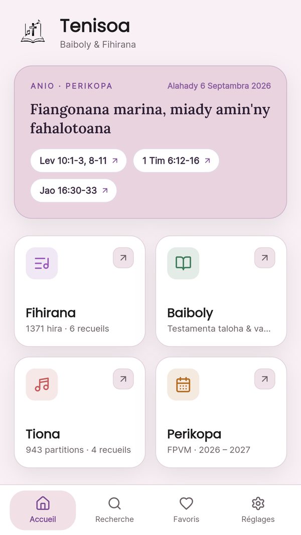 Écran d'accueil de l'application Tenisoa