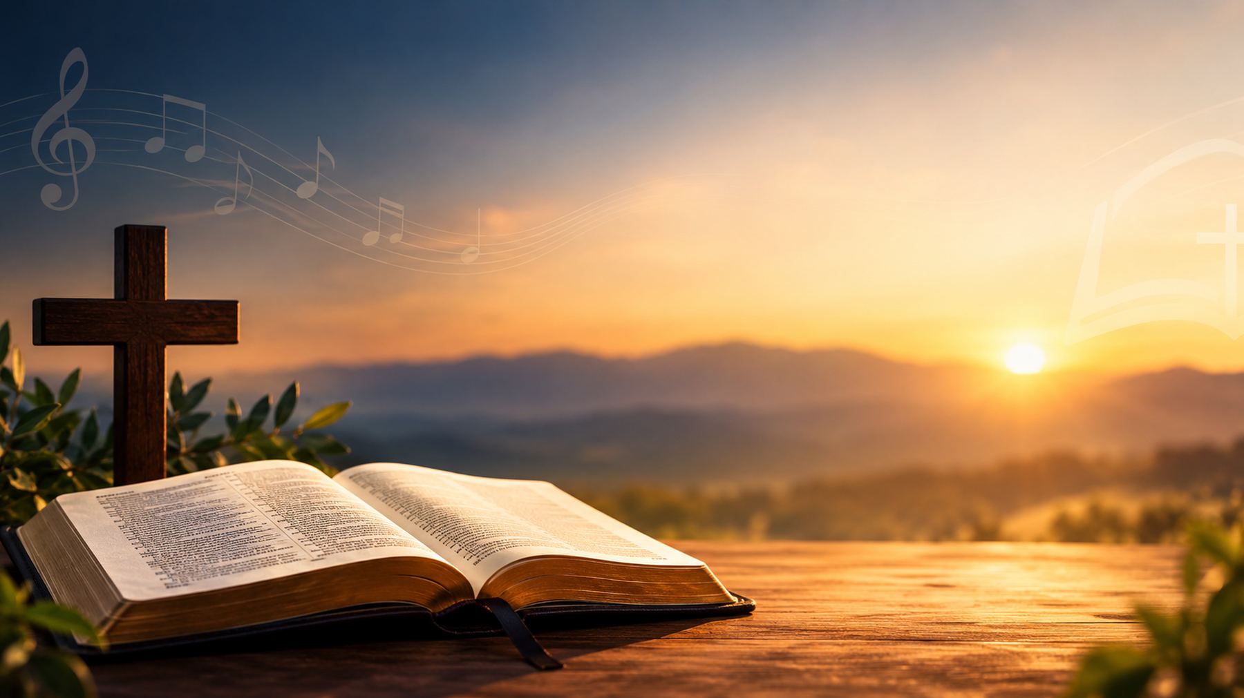 Bible ouverte et croix en bois au coucher du soleil
